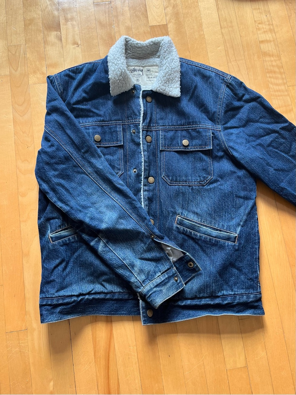 Stussy Dark Blue Denim Jacket with White Sherpa Collar